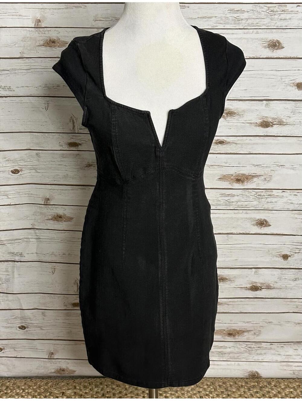 Free People black sheath dress Medium notch/split V neck bodycon minimalist LBD